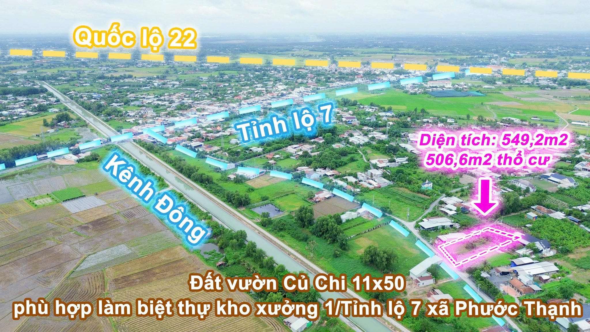 CC259 Đất Củ Chi 506m2 thổ cư 11x50 phù hợp làm biệt thự kho xưởng 1/Tỉnh lộ 7 xã Phước Thạnh